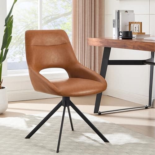 Zesthouse Modern Desk Chair No Wheels, Swivel Vanity Chair with Hollow Back, Armless Home Office Chair for Girls Women, Brown Faux Leather Computer Task Chair for Bedroom