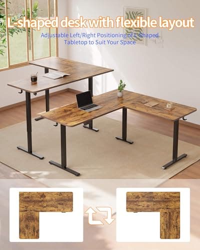 YIHAYO L Shaped Standing Desk Adjustable Height, 63 x 55 Inches Electric Corner Standing Desk, Sit Stand Computer Table with Splice Board, Rustic Brown 6