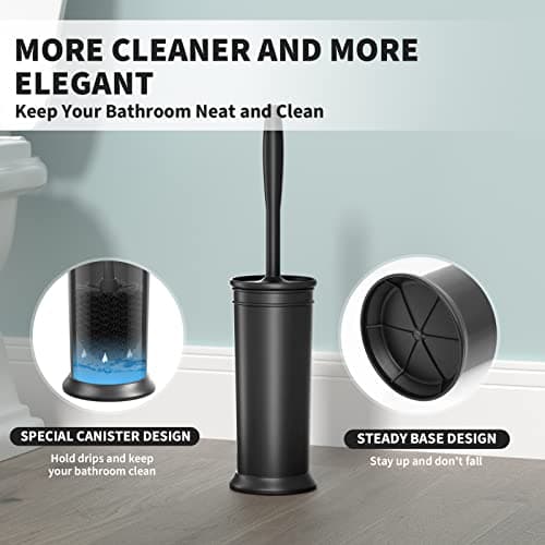 Toilet Brush and Holder 2 Pack, Toilet Bowl Brush with Extra Long Handle, Toilet Scrubber and Covered Holder, Toilet Brushes for Bathroom-Space Saving, Covered Brush, Durable, Deep Cleaning(Black) 5