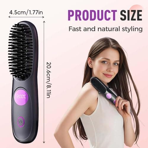 Cordless Hair Straightener Brush, Portable Mini Hair Straightening Brush with 3 Temperature Settings & LED Display, USB Rechargeable Fast Heating Hairs Brush for Travel (Black) 6