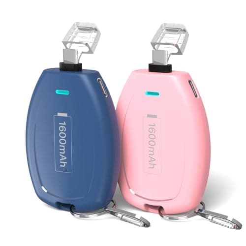 HUAENG (2-Pack USB C Keychain Portable Charger, 1600mAh Mini Power Bank Ultra-Compact Battery Pack Power Emergency pod for iPhone 17/16/15 / Android Type-C Phones Samsung, Pixel, Moto etc-Pink&Blue