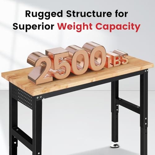 ENJOYWOOD 60 Inch Workbench for Garage Adjustable Height Work Bench with Pegboard Power Outlets Rubber Wood Tabletop Work Table for Cutting Wood Woodworking Shop Home Office Electronic 5