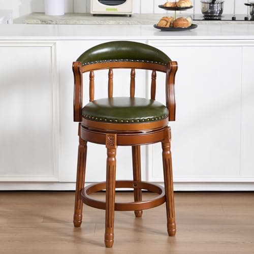 RAINMOOD Genuine Leather Bar Stool with Solid Wood Frame - Swivel, Mid-Back Ventilated Design & Footrest (Green, Counter Stool-seat Height 26in)