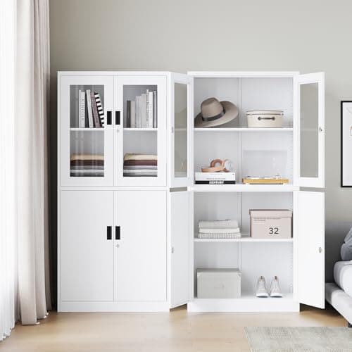 Yizosh Metal Storage Cabinet with Glass Doors - 71" Locking Display Cabinet with 2 Adjustable Shelves, 4-Tier Tall Steel Locker for Kitchen, Living Room, Dining Room (White) 7