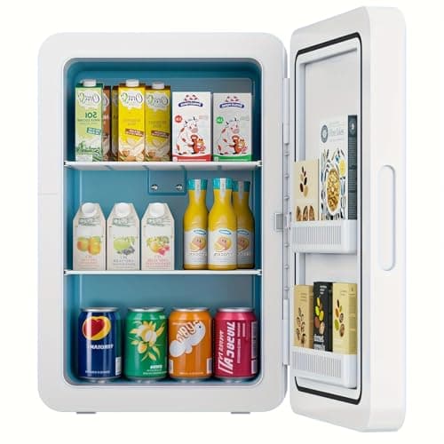 Kikihuose 22L/30Cans Mini Fridge for Bedroom, 12v DC Portable Cooler & Warmer, Mini Refrigerator with Glass Front, for Car Office Desk & Dorm Food Beverage Skincare Makeup (White)