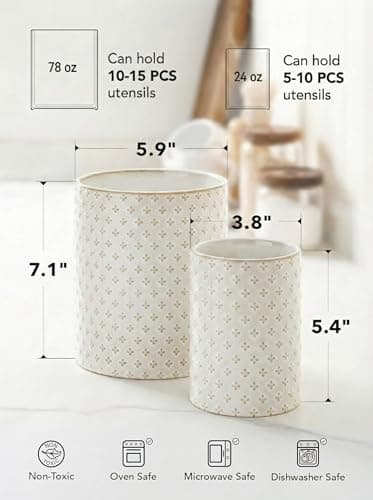 LE TAUCI Utensil Holder for Kitchen Counter - 7.1"+5.4" Ceramic Kitchen Utensil Holder Set of 2, Large Cooking Utensil Crock & Organizer for Spatula, Spoon - Embossed Kitchen Decor, White,Clover 5