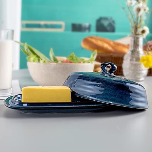 Hasense Butter Dish with Lid, Ceramic Butter Dish with Knife for Countertop with Covered, Large Butter Keeper Handle Design, Blue 8