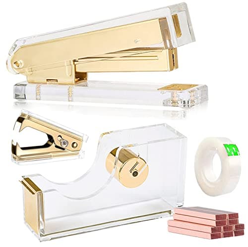 Acrylic Gold Tape Dispenser & Desktop Stapler, Includes Staple Remover, Tape, 1000pcs Staples - Cute Office Stapler Set for Modern Design Desk Accessory Kit