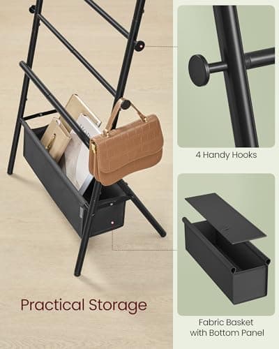 VASAGLE Freestanding Towel Rack, Foldable Blanket Holder, Towel Holder with 4 Hooks, Fabric Basket, 39 Inches High, for Bedroom, Living Room, Bathroom, Ink Black and Slate Gray ULLS020B01 5