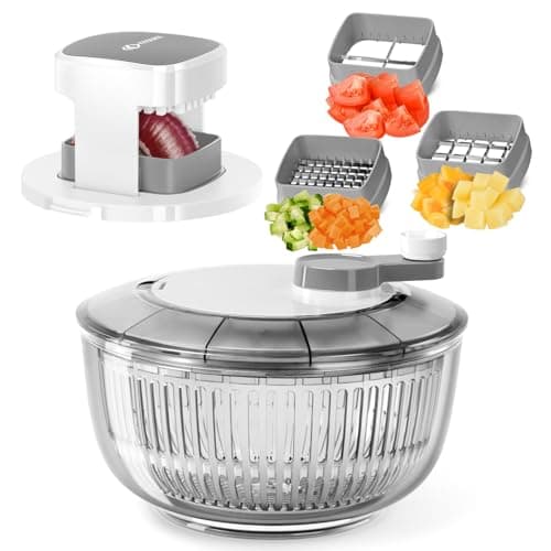 KEOUKE Salad Spinner and Vegetable Chopper Set with 3 Blades, 4.2Qt Large Bowl for Effortless Lettuce Drying, Onion Dicing, and Potato Cutting