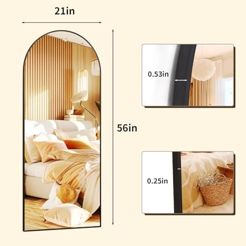 XRAMFY 56"x21" Arched Full Length Mirror Floor Mirrors with Aluminum Alloy Frame Free-Standing Wall Mounted Floor Mirrors or Large Dressing Mirror, Black Mirror Full Length 6