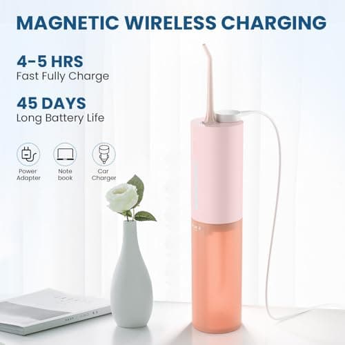 Cordless Water Flosser for Teeth Clean, Portable Electric Water Dental Flosser for Travel, 3 Modes 8 Intensities, IPX7 Waterproof Water Dental Picks for Gums Braces with 4 Tips (Pink) 7
