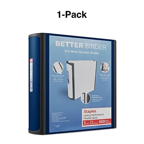 Staples Better Binder, 3" D‑Ring 3‑Ring Binder, Blue, Reinforced Rubber Spine, Heavy‑Duty Design, Holds up to 600 Sheets for School & Office 7