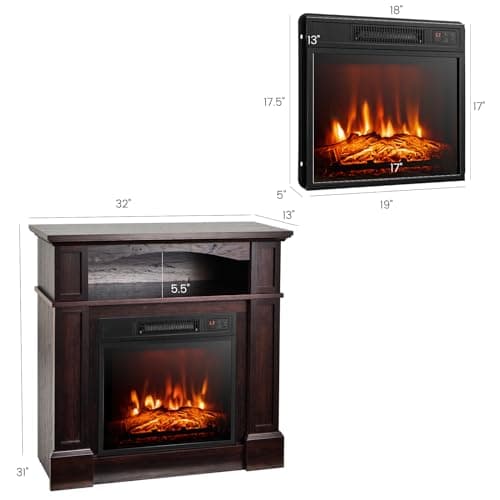 Tangkula 32" Electric Fireplace with Mantel, 1400W Freestanding Heater with Remote Control & Adjustable Brightness, Multifunctional Mantel Fireplace with Storage Shelf for Living Room (Brown) 8