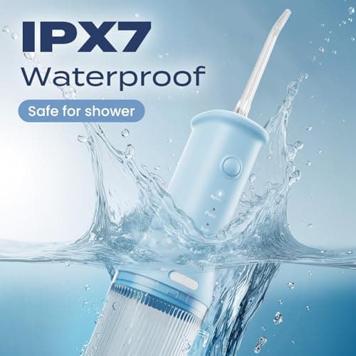 7AM2M Portable Water Flosser Cordless, Water Flosser with 3 Modes and 2 Jet Tips, USB C Rechargeable, IPX7 Waterproof, Dental Water Flosser for Travel and Home Use (Light Blue) 5