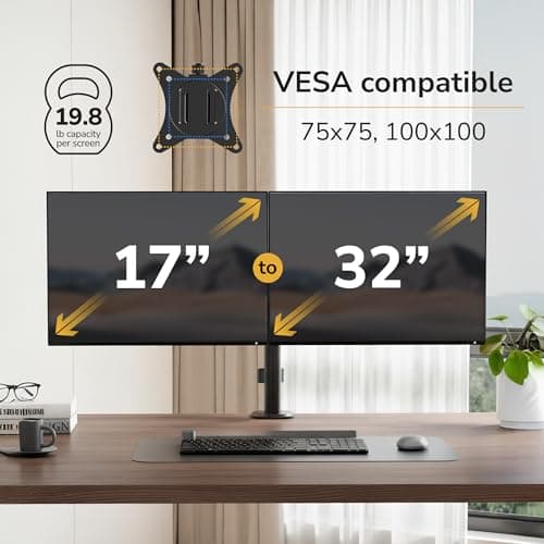 Mount-It! Dual Monitor Stand, Full Motion Desk Mount for 2 Screens up to 32” and 19.8 lbs Each, Tilt Swivel Rotate, VESA 75x75 & 100x100, Adjustable Dual Screen Arm with C-Clamp or Grommet 7