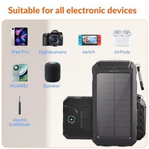 Power Bank Solar Charger 20,000mAh, Portable Phone Charger, 4 Cables Outdoor Waterproof External Backup Power Charger with USB-C for Cell Phones, Solar Battery Pack with Dual Flashlight for Camping 6