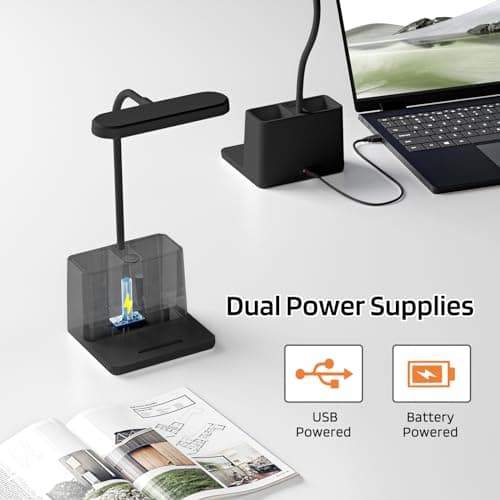 AXX Black LED Desk Lamp for Home Office Bedroom, Battery Operated Table Light for Computer Desktop, Small, Cute, Dimmable, Rechargeable, Flexible Gooseneck, Pen Holder, Phone Mount, Touch Control 5