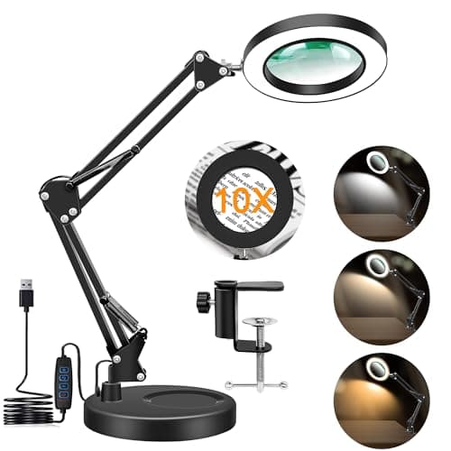 Hviww 10X Magnifying Glass with Light and Stand, Magnifier with Light Hands Free, 3 Color Modes 10 Level Dimmable, Magnifying Real Glass LED Desk Lamp for Close Work, Repair, Reading, Craft, Black