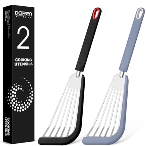 Fish Spatula Turner, Thin Slotted Spatulas for Nonstick Cookware,Silicone Edge Heat Resistant Kitchen Flipper for Fish, Egg, Pancake(Stainless Steel, 2Pack)