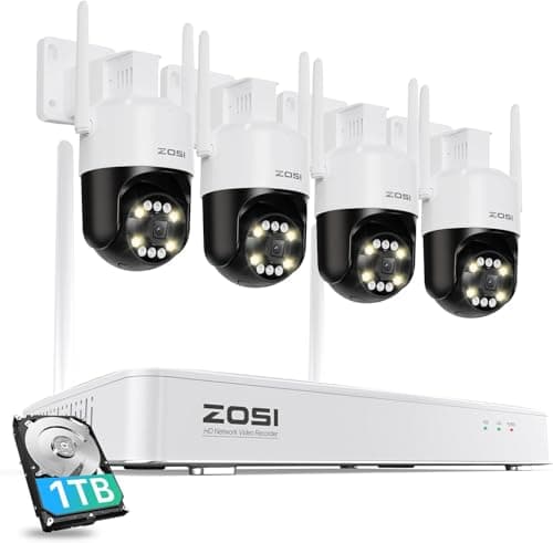 ZOSI 2K Wireless Security Camera System,4pcs 3MP Pan/Tilt Cameras Outdoor Indoor,Night Vision,Spotlight Siren,AI Human Detection,8CH 3MP WiFi Surveillance NVR with 1TB HDD for 24/7 Recording
