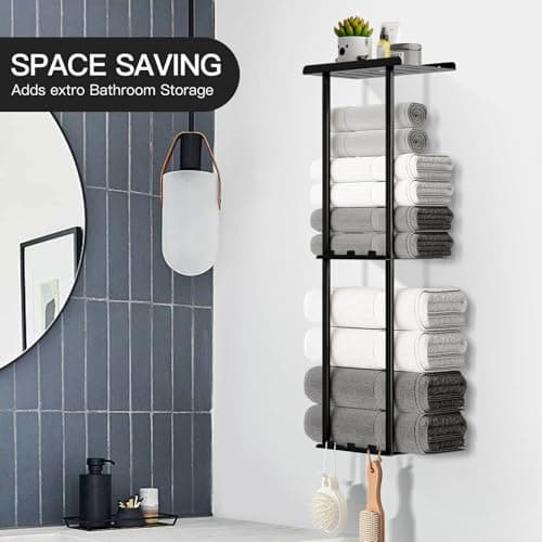 KISENG Towel Racks for Bathroom, 3 Tier Metal Towel Holder, with Shelf & 6 Hooks, 29 inch Wall Mounted Towel Storage, 6 Large Bath Towels Capacity,Small Bathroom Towel Rack for Rolled Towels, Black 6