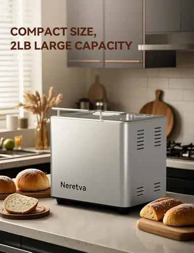 Neretva Bread Maker, 20-IN-1 2LB Bread Machine Dual Heater Bread Maker Machine Automatic with Nonstick Ceramic Pan, 15H Timer & 1H Keep Warm Set, Low Noise, Stainless Steel Breadmaker Recipe-Silver 5
