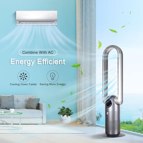 Ocean Loong Bladeless Tower Fan with Air Purifier - 120° Oscillating - Quiet Cooling Fan for Bedroom Home Office - 9 Speeds - 9Hs Timer - Remote Control - 39inch AC68P Grey 7