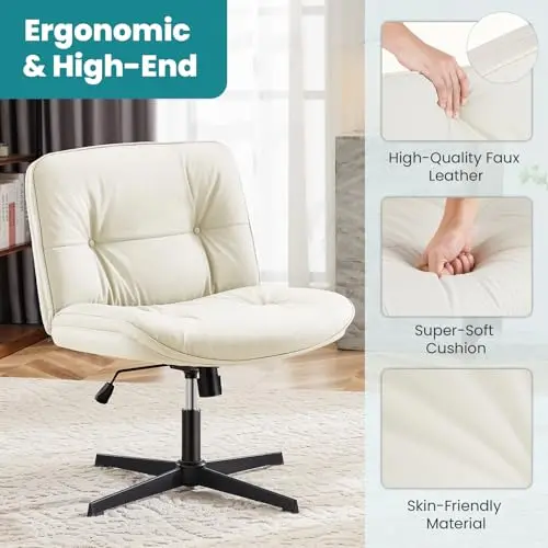 OLIXIS Criss Cross Legged Chair No Wheels Armless Wide Seat Adjustable Height Swivel Thick Padded PU Leather Comfortable Home Office Desk Seating 5