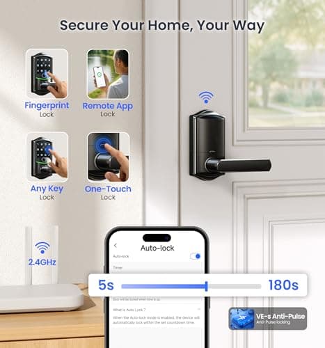 Veise VE029 WiFi Smart Lever Lock, Fingerprint Keyless Entry Door Lock with Handle, Built-in WiFi, Remote App Control, Electronic Digital Knob for Front Door and Bedroom, IP65 Waterproof, Matte Black 6