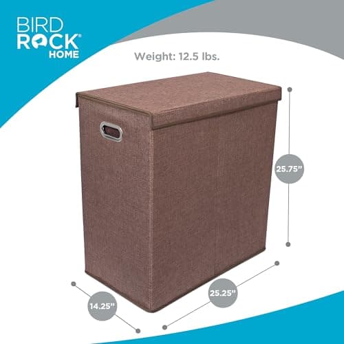 BIRDROCK HOME Laundry Hamper with Lid | Removable Bags for Sorting Clothes | Sectioned Laundry Basket for Bedroom & Bathroom | Collapsible Storage Bin with Cover | Double, Brown 2