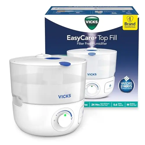 Vicks EasyCare Plus Top Fill Filter-Free Cool Mist Humidifier, Small Room–For Vapors 2 Ways –Works with Vicks VapoPads and VapoSteam, White
