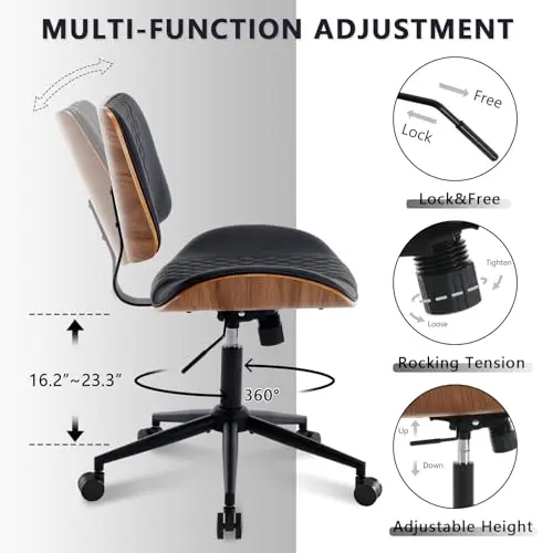 BERYTH Home Office Chair No Arms with Wheels, Adjustable Height Small Desk Chair, PU Leather Mid Back 360 Swivel Computer Chair, Armless Modern Walnut Chair for Office, Reading Meeting Room(Black) 6