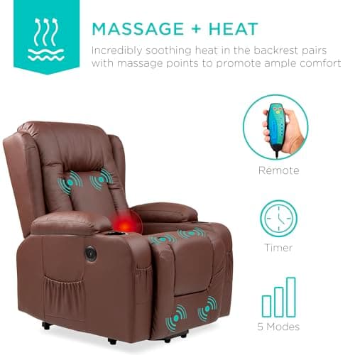 Best Choice Products PU Leather Electric Power Lift Chair, Recliner Massage Chair, Adjustable Furniture for Back, Legs w/ 3 Positions, USB Port, Heat, Cupholders, Easy-to-Reach Side Button - Brown 5