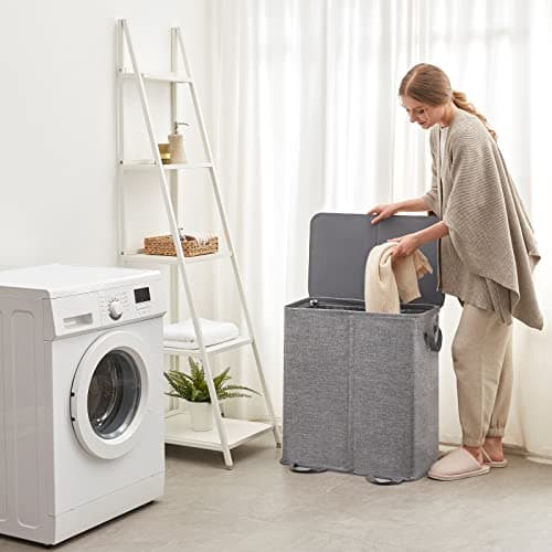 Lifewit Double Laundry Hamper with Lid and Removable Laundry Bags, Large Collapsible 2 Dividers Dirty Clothes Basket with Handles for Bedroom, Laundry Room, Closet, Bathroom, College, 136L Gray 7
