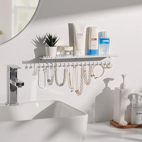 Josmimic Necklace Holder Wall Hanging Organizer: Wall Mounted Jewelry Shelf with 56 Hooks and Tray, Display Hanger for Kids, Girls and Women, White & Metal 7