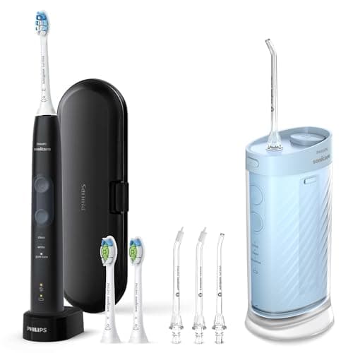 Philips Sonicare Compact Flosser 1000, Blue, ProtectiveClean 5300 Rechargeable Electric Toothbrush and 2PK Compact Nozzle Bundle