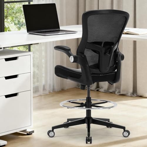Drafting Chair, Tall Office Chair 400lbs Heavy Duty Ergonomic Standing Desk Chair with Lumbar support and Adjustable Footrest Ring, Counter Height Comfy Computer Mesh Chair with Flip-up Armrests Black
