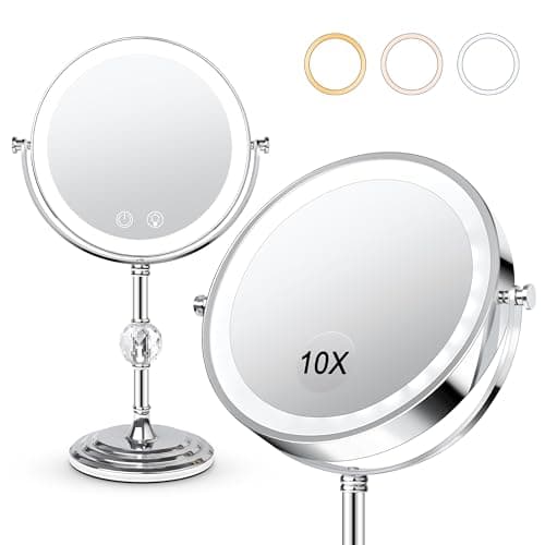 Fursourige Lighted Makeup Mirror,4000mAh Rechargeable Double Sided Magnifying Mirror 1x/10x with 3 Colors Stepless Dimming, 360° Rotation Vanity Mirror with Lights, Memory Function,Women Gift