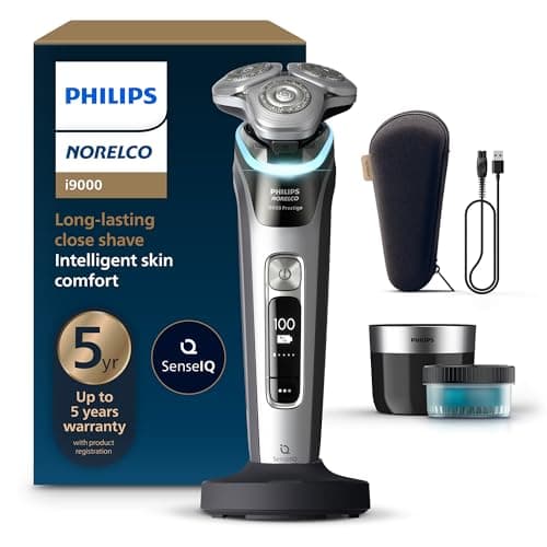 Philips Norelco Shaver i9000 Prestige, Wet & Dry Electric Shaver, Dark Slate Nova, SenseIQ Technology, Triple Lift & Cut System, 360 Rotating Dual SteelPrecision Blades, Charging Stand, XP9204/85