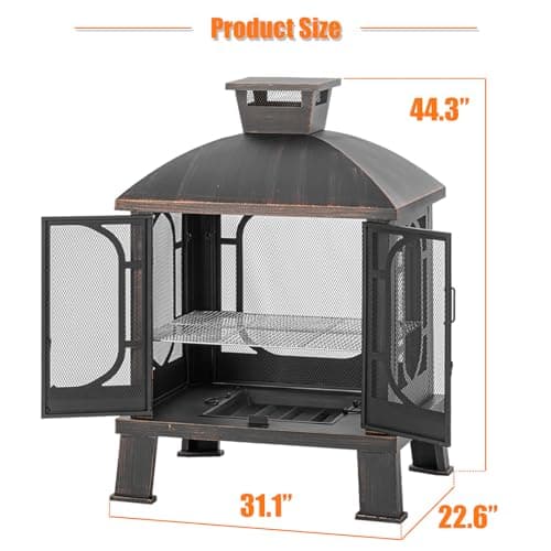 Panovue 45" H×31''W Metal Chiminea Fire Pit with Grill, Wood Burning Fire Pits for Outside,Square Chimineas Fireplace with Mesh Spark Screen Door& Fire Poker for Garden,Yard,BBQ,Bonfire (Black&Gold) 6