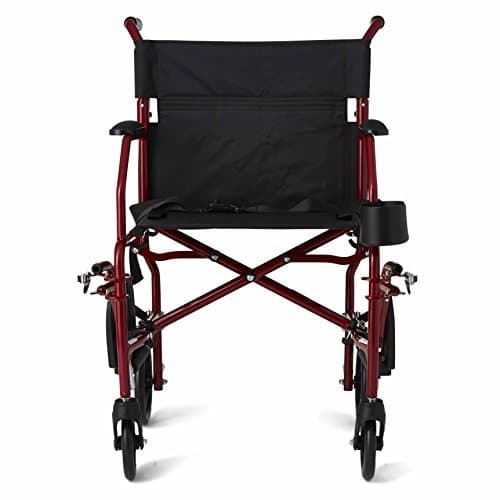 Medline Ultra Lightweight Transport Wheelchair for Adults, Foldable, 19-Inch Seat Width, Red Frame, Black Upholstery 7