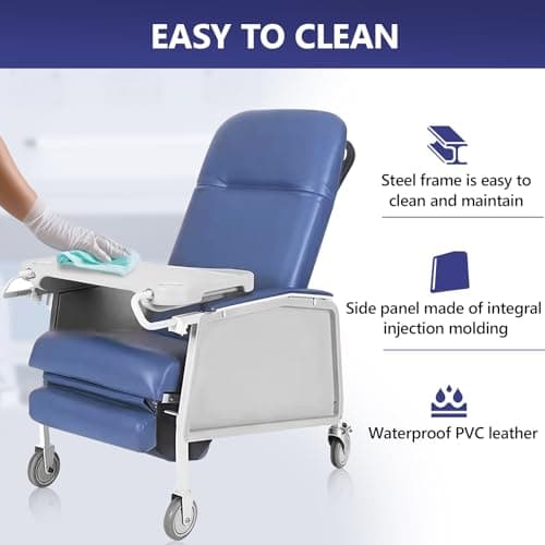 Helsevesen Medical Recliner, Traditional 3 Position Recliner for Elderly, Reclining Geri Chair with Wheels, Tray, and Elevating Legrests for Seniors, Blue Ridge 6