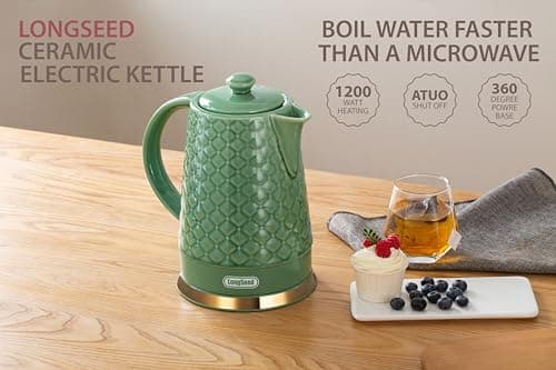 LONGSEED Ceramic Electric Kettle, 1.5L/1200W Boil Water Quickly and Easily with Boil-Dry Protection Auto Shut Off, Detachable Swivel Base, Green Relief Carving 6