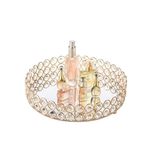 Feyarl Crystal Perfume Tray Makeup Cosmetic Vanity Organizer Jewelry Trinket Display Storage Mirrored Decorative Tray Skin Care Tray for Dresser Home Deco Birthday Gift(Round 10" inch) (Gold)