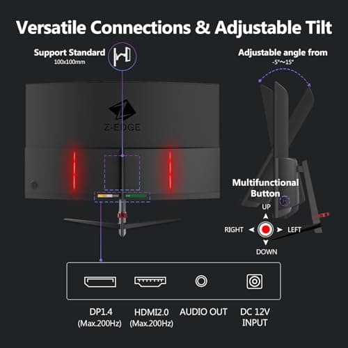 Z-Edge 27 inch Curved Gaming Monitor, FHD 1080P 200Hz 165Hz 144Hz Curved 1500R PC Monitor, MPRT 1ms, FreeSync, Low Blue Light, 350nits,16.7M Colors, UG27 Frameless Bezel, 1X DP and 1X HDMI 9