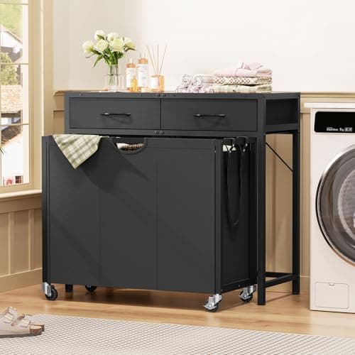 Laundry Sorter, Rolling Laundry Hamper with 3 Section Pull-Out Bags, Laundry Basket Organizer with 2 Drawers & 2-Tone Top Panel, Laundry Hamper with Wheels for Laundry Room Organization, Bathroom 8