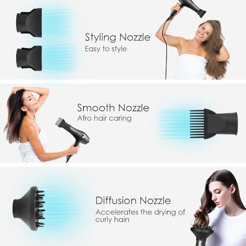 Ionic Salon Hair Dryer, Professional Blow Dryer AC Motor Fast Drying with 2 Speed, 3 Heat Setting, Cool Button, with Diffuser, Nozzle, Concentrator Comb for Curly & Straight Hair-Blue 6