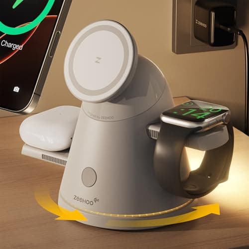 ZEEHOO 3 in 1 Charging Station for Apple Devices,Qi2 Mag-Safe Charger Stand&Light,Fast Wireless Charging Station for iPhone 17/16/15/14/13/12&AirPods&iWatch&Pixel 10& Samsung Galaxy Watch-30W Adapter