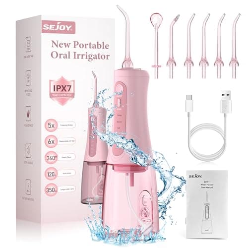 Sejoy Water Dental for Teeth Cleaning and Flossing, Water Flosser Electric Cordless, Water Flosser for Braces for Kids Travel, 5 Cleaning Modes 8 Jet Tips, Pink